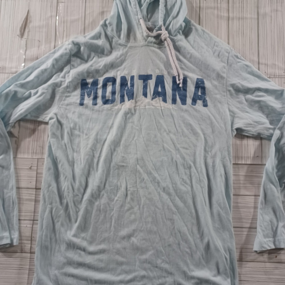 Prairie Mountain Montana Graphic Hoodie Light Blue Long Sleeve Shirt Womens Med